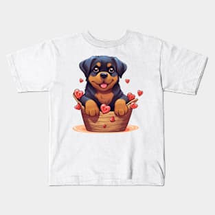 Cartoon Rottweiler Dog in Hearts Basket Kids T-Shirt